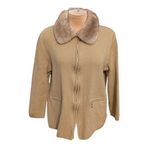 Basler Sweater Beige Ribbed Knit Full Zip Cardigan Faux Fur Collar Size 42 L VTG